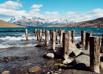 Wooden posts on Laguna Azul, Torres del Paine National Park, Chile