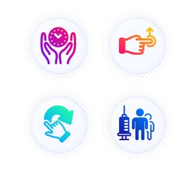 Safe time, Drag drop and Rotation gesture icons simple set. Button with halftone dots. Medical vaccination sign. Management, Move, Undo. Syringe vaccine. People set. Vector