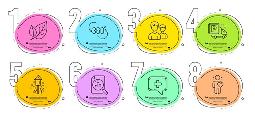 Couple, Truck parking and Analytics graph signs. Timeline steps infographic. Friend, 360 degree and Fireworks line icons set. Medical chat, Leaf symbols. Love, Virtual reality. Business set. Vector