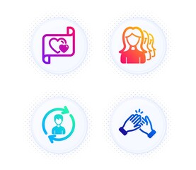 Human resources, Love letter and Women headhunting icons simple set. Button with halftone dots. Clapping hands sign. Update profile, Heart, Women teamwork. Clap. People set. Vector