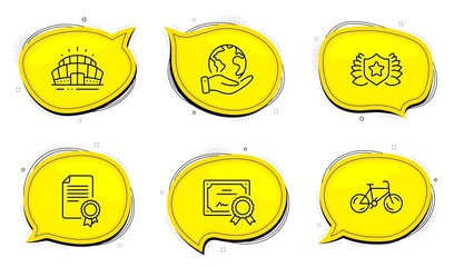 Arena stadium sign. Diploma certificate, save planet chat bubbles. Certificate, Bicycle and Laureate line icons set. Diploma, Bike, Award shield. Sport complex. Sports set. Outline icons set. Vector