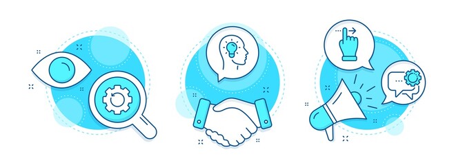 Employees messenger, Touchscreen gesture and Recovery gear line icons set. Handshake deal, research and promotion complex icons. Idea head sign. Speech bubble, Slide right, Backup info. Vector