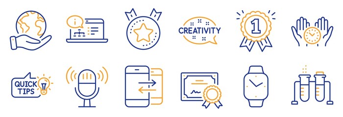 Set of Education icons, such as Safe time, Reward. Certificate, save planet. Education idea, Online documentation, Chemistry beaker. Microphone, Ranking star, Creativity. Vector