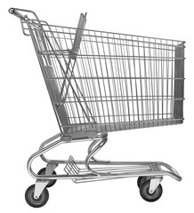 side view of empty metal shopping cart isolated on white background