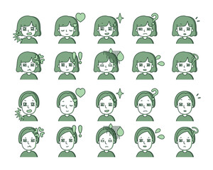 緑色の人物イラスト　表情バリエーション 23