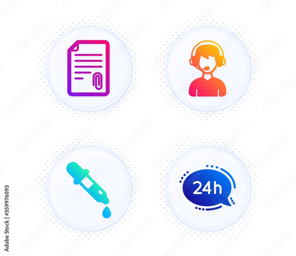 Poster chemistry pipette, consultant and attachment icons simple set. button with halftone dots. 24h servic