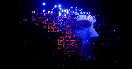 Abstract digital human face.  Artificial intelligence concept of big data or cyber security. 3D rendering