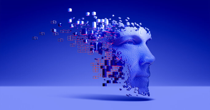 Abstract Digital Human Face.  Artificial Intelligence Concept Of Big Data Or Cyber Security. 3D Rendering