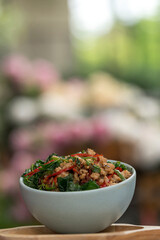 Stir fried minced pork with basil leaves on  thai jasmin rice , thai street food