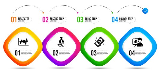 Bitcoin, Income money and Presentation board icons simple set. Timeline infographic. Stock analysis sign. Cryptocurrency coin, Savings, Growth chart. Business trade. Finance set. Vector