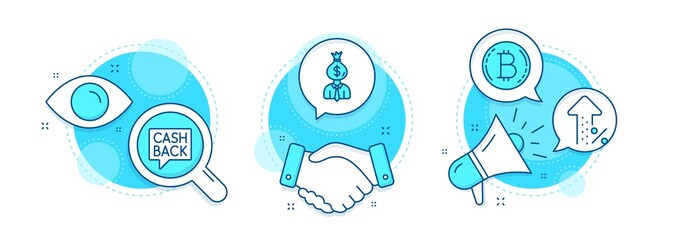Manager, Bitcoin and Money transfer line icons set. Handshake deal, research and promotion complex icons. Increasing percent sign. Work profit, Cryptocurrency coin, Cashback message. Discount. Vector