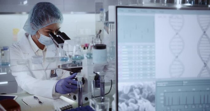 Female team working in modern laboratory. Studying genetic material with microscope. Using computer