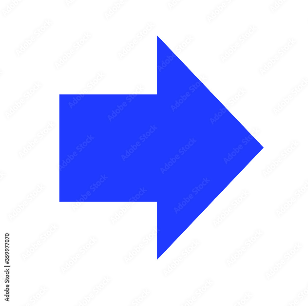 Poster blue large forward or right pointing solid arrow icon sketched as vector symbol