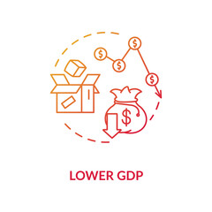 Lower GDP red gradient concept icon. Negative unemployment outcome. Financial loss. Decrease in economy. Social issue idea thin line illustration. Vector isolated outline RGB color drawing
