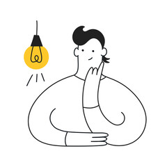 Idea generation, imagination, creativity, solution concept. Thinking man and the lightbulb. Flat clean outline isolated vector illustration.