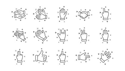 Fototapeta premium Handshake, Clapping hands, Victory. Hand gestures line icons. Horns, Thumb up finger, drag and drop icons. Donation hand gestures, middle finger, helping hand. Linear set. Geometric elements. Vector