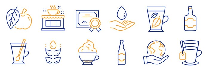 Set of Food and drink icons, such as Coffee shop, Beer bottle. Certificate, save planet. Tea mug, Tea, Whiskey bottle. Gluten free, Mint leaves, Cappuccino cream. Water care, Apple line icons. Vector