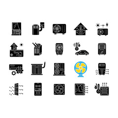 Air conditioning black glyph icons set on white space. Climate control technology silhouette symbols. Different household appliances and systems for temperature control. Vector isolated illustrations
