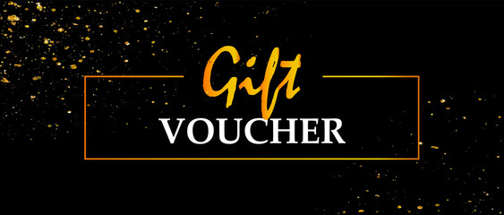 Gift voucher on a black background with a gold decoration. Gold spray, golden frame. 