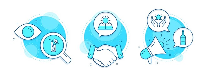 Wine, Sun energy and Water glass line icons set. Handshake deal, research and promotion complex icons. Ranking sign. Merlot bottle, Solar panels, Soda drink. Hold star. Business set. Vector