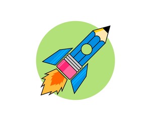 Pencil and flying rocket cartoon