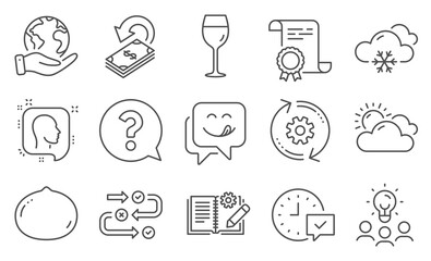 Set of Business icons, such as Cogwheel, Snow weather. Diploma, ideas, save planet. Select alarm, Head, Macadamia nut. Yummy smile, Cashback, Engineering documentation. Vector