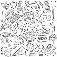 Pizza Italian Food Traditional Doodle Icons Sketch Hand Made Design Vector