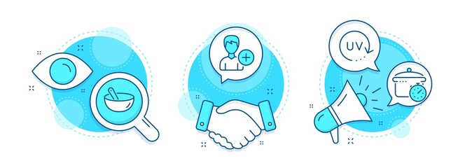 Add person, Uv protection and Cooking mix line icons set. Handshake deal, research and promotion complex icons. Boiling pan sign. Edit user data, Skin cream, Bowl. Cooking timer. Vector