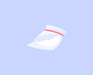 Cocaine bag semi flat RGB color vector illustration. Heroin addiction, synthetic drugs abuse, narcotics dependency. Plastic package with white powder isolated cartoon object on blue background