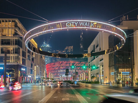 Dubai City Walk At Night, A Beautiful Residential And Tourist Attraction Outdoor Area | Modern Design