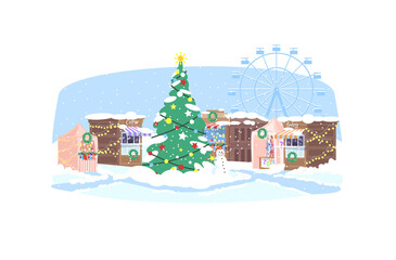 Christmas market semi flat vector illustration. Town square with festive stalls 2D cartoon landscape for commercial use. Seasonal holiday celebration. Xmas carnival, new years eve shopping