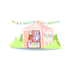 Obraz na płótnie Canvas Kiosk with toys semi flat RGB color vector illustration. Street fair stand, market stall selling stuffed plush playthings. Carnival tent with children toys isolated cartoon object on white background