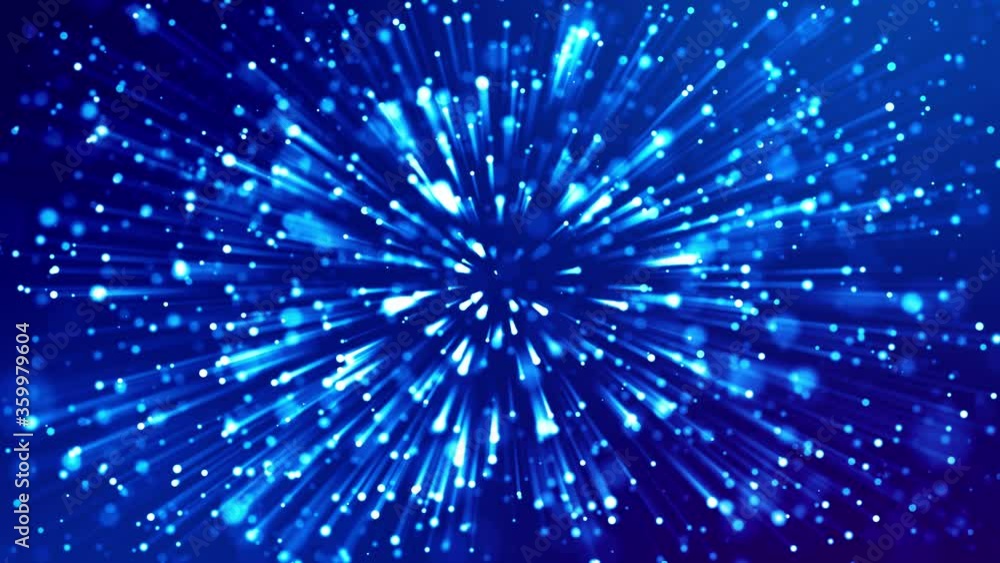 Poster blue shiny sparkling particles with light rays move in a viscous liquid. it is 4k 3d animation as mo