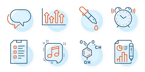 Upper arrows, Musical note and Talk bubble signs. Alarm clock, Chemical formula and Chemistry pipette line icons set. Report document, Checklist symbols. Time, Chemistry. Education set. Vector