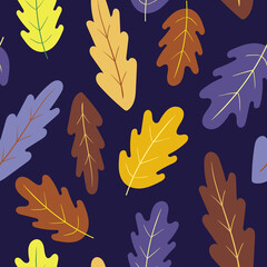 Fototapeta na wymiar Pattern with oak colored leaves on a dark blue background. For the design of textiles, wrapping paper, Wallpaper.