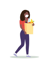 Afro American woman with face mask holding grocery bags. Vector flat style illustration.