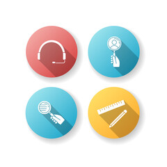 Support service elements flat design long shadow glyph icons set. Hand with magnifying glass. Look for employee. Pen and ruler. Search for human resources. Silhouette RGB color illustration