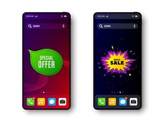 Mega sale and Special offer. Smartphone screen banner. Discount offer badge. Cartoon explosion bubble. Mobile phone screen interface. Smartphone display promotion template. Vector