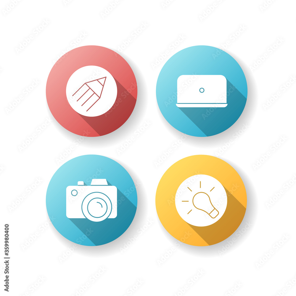 Poster photographer work elements flat design long shadow glyph icons set. pen for copywriter. portable com