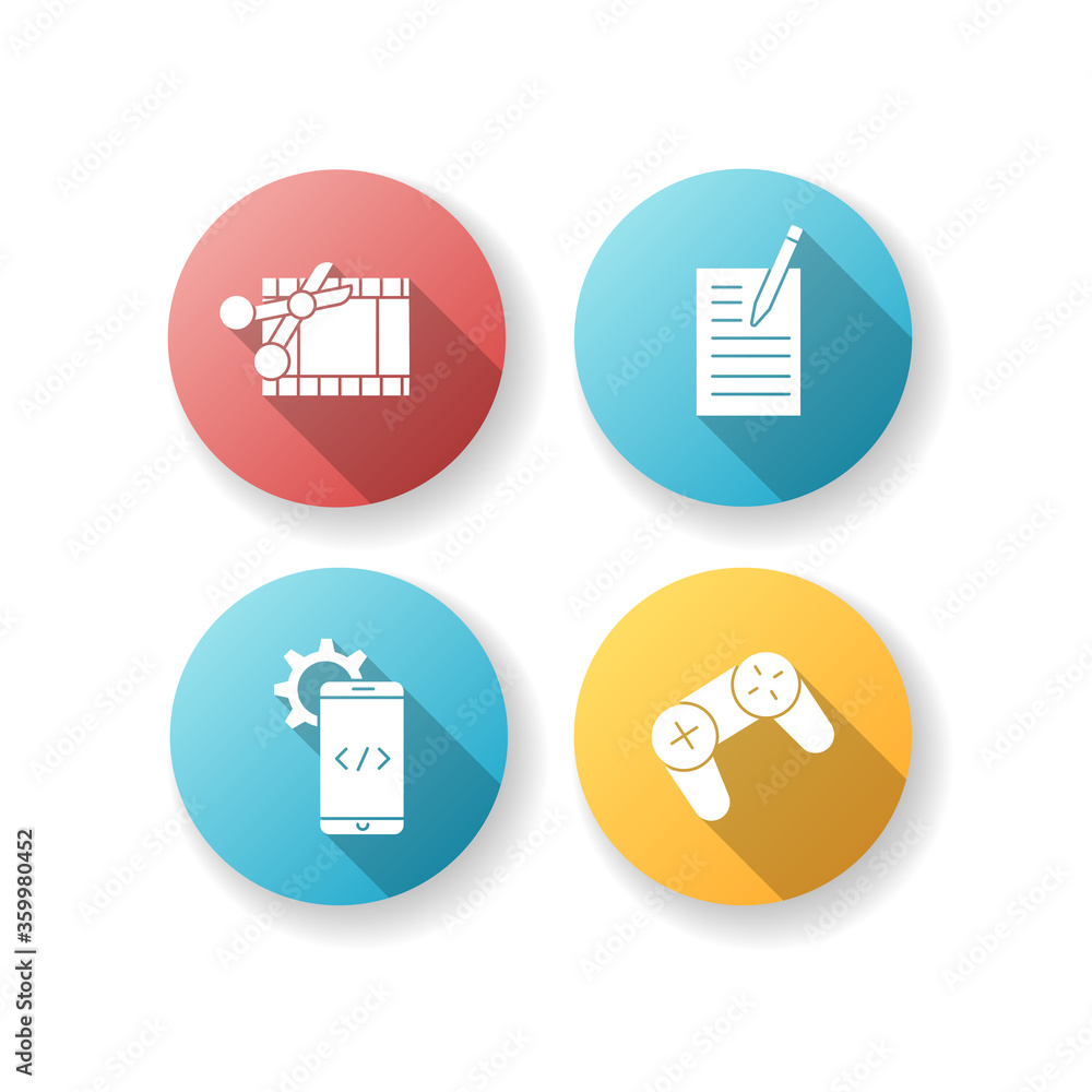 Poster work with technology flat design long shadow glyph icons set. scissors cut film strip. pen write on 