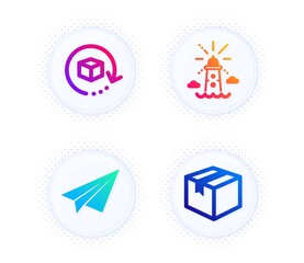 Paper plane, Lighthouse and Return package icons simple set. Button with halftone dots. Parcel sign. Airplane, Navigation beacon, Exchange goods. Shipping box. Transportation set. Vector