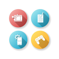 Work with technology flat design long shadow glyph icons set. Scissors cut film strip. Pen write on page. Mobile software development. Coding for program. Silhouette RGB color illustration