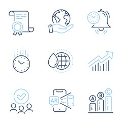 Time management, World water and Time line icons set. Diploma certificate, save planet, group of people. Demand curve, Augmented reality and Graph chart signs. Alarm clock, Aqua drop, Clock. Vector