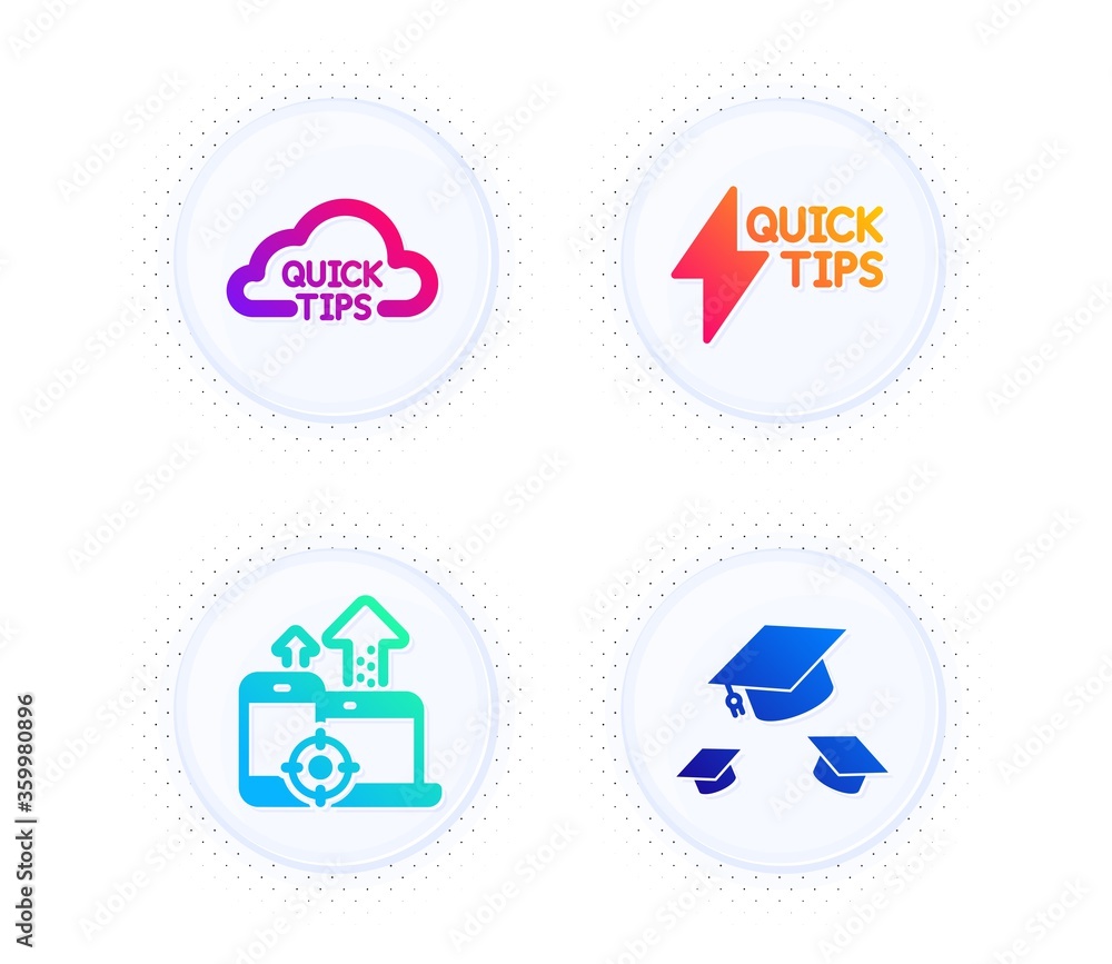Poster seo devices, quickstart guide and quick tips icons simple set. button with halftone dots. throw hats