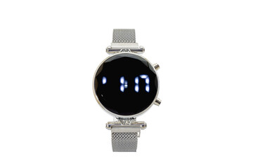 Women's round smartwatch with gems, silver mesh style strap, black dial face and digital numerals,...