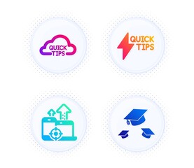 Seo devices, Quickstart guide and Quick tips icons simple set. Button with halftone dots. Throw hats sign. Mobile stats, Lightning symbol, Helpful tricks. College graduation. Business set. Vector