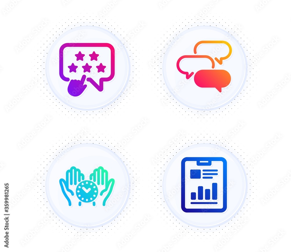 Poster talk bubble, ranking star and safe time icons simple set. button with halftone dots. report document