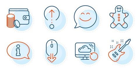 Gingerbread man, Smile chat and Electric guitar signs. Scroll down, Swipe up and Recovery cloud line icons set. Payment method, Information symbols. Mouse swipe, Scrolling page. Business set. Vector