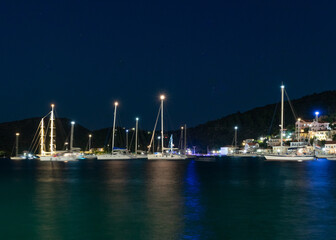 Breathtaking night view towards the Ionion sea and yachts, Vathy, Ithaka