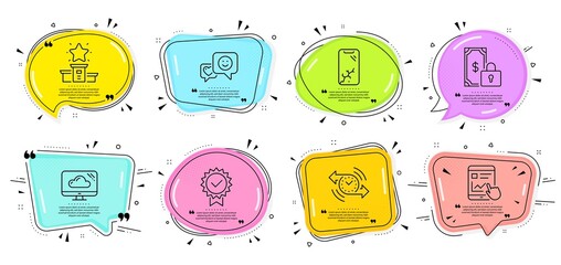 Private payment, Winner podium and Timer signs. Speech bubbles with quotes. Internet report, Certificate and Smile line icons set. Cloud storage, Smartphone broken symbols. Vector